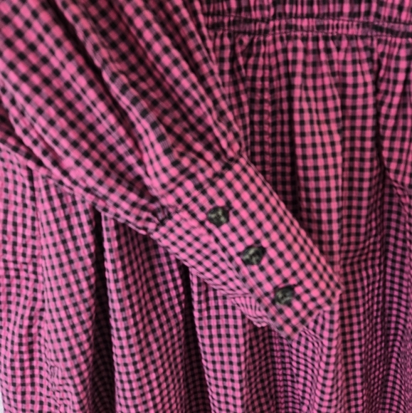 GANNI Carmine Rose Seersucker Check Gingham V Neck Gathered Midi Dress Small /36 - Picture 7 of 16
